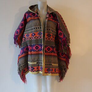 NWT Womens Tina Demel Acrylic Jacquard Multi Color Print Hooded Kimono O/S